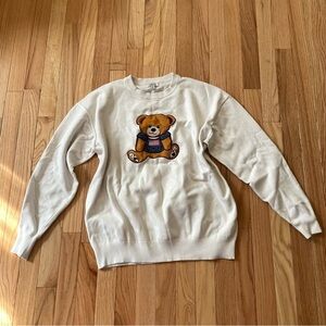 Teddy Bear Sweater Womens Medium Cream Cozy Crewneck Sweatshirt Oversized USA